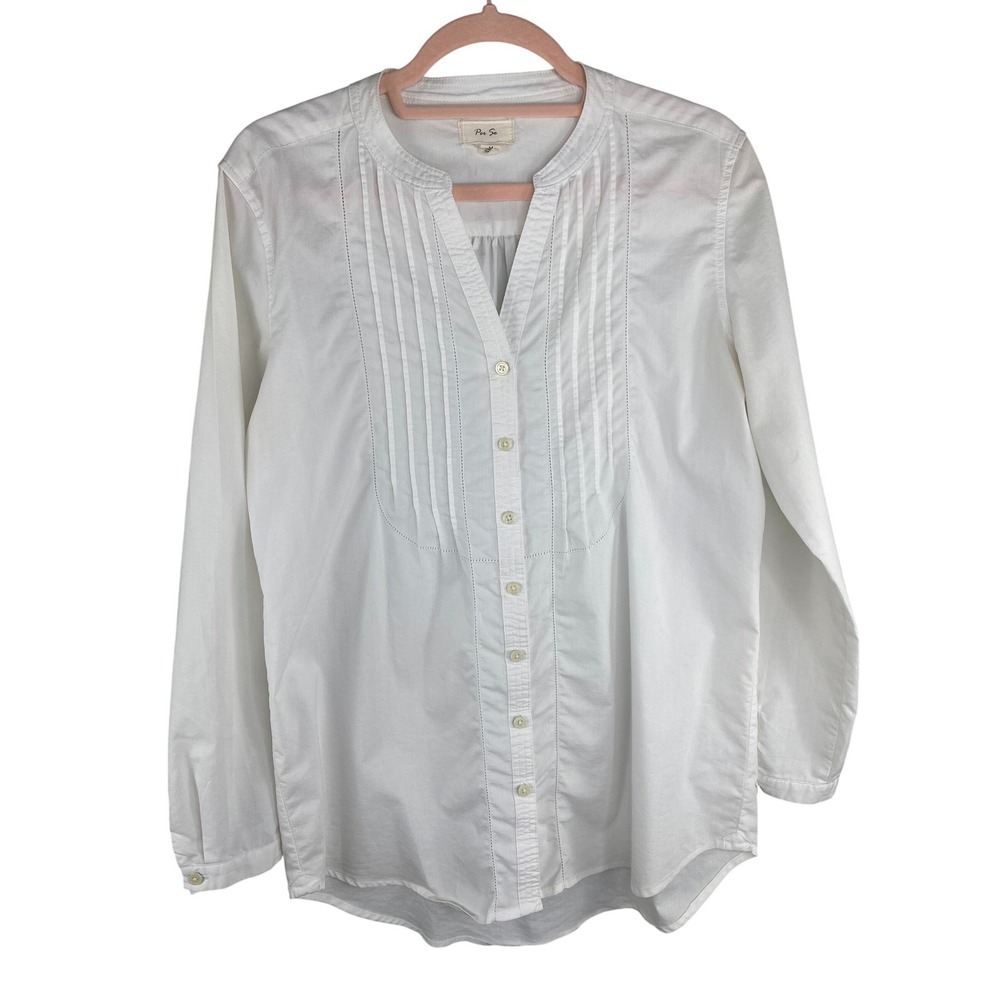 Per Se Women Blouse M White Pintuck Pleated Bib Button Down Long Sleeve Top